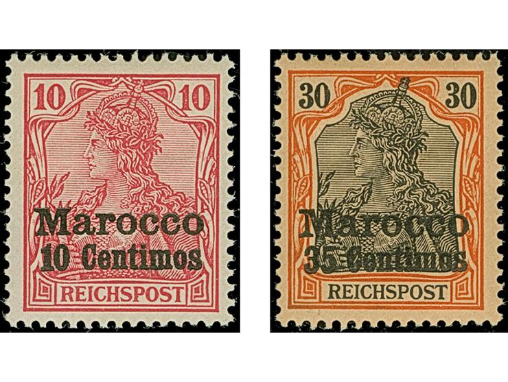 Amtlich nicht ausgegeben: 1903, 3 C. auf 3 Pfg. und 10 C. auf 10 Pfg. bis 1 P. auf 80 Pfg. je mit fettem Aufdruck, sind farbf