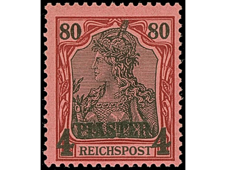 Amtlich nicht ausgegeben: 1902, 1¼ Piaster auf 25 Pfg. bis 4 Piaster auf 80 Pfg. mit abweichenden Schrifttypen beim Aufdruck.