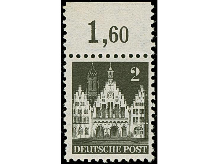 1948, Bauten 2 Pfg. gezähnt K 11¼ : 11 und Wasserzeichen 1 Z, Oberrandstück (Feld 308, mit Falzrest im Oberrand), die postfri