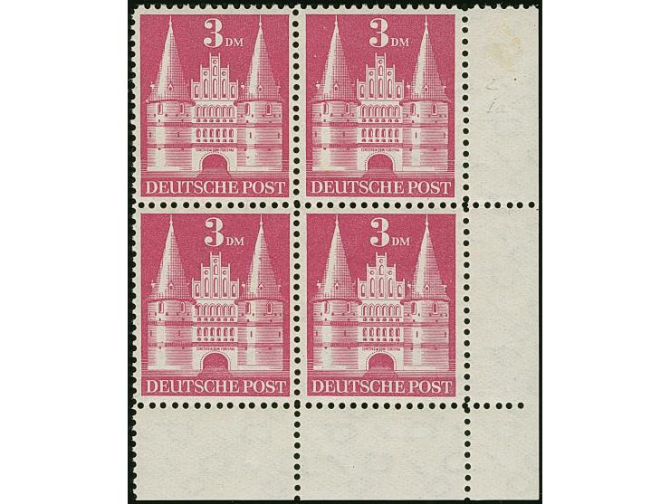 3 M. dunkelrotlila, zweimal Type I (unten) und zweimal Type Ia (oben) und mit Wasserzeichen 1Y im Viererblock aus der rechten