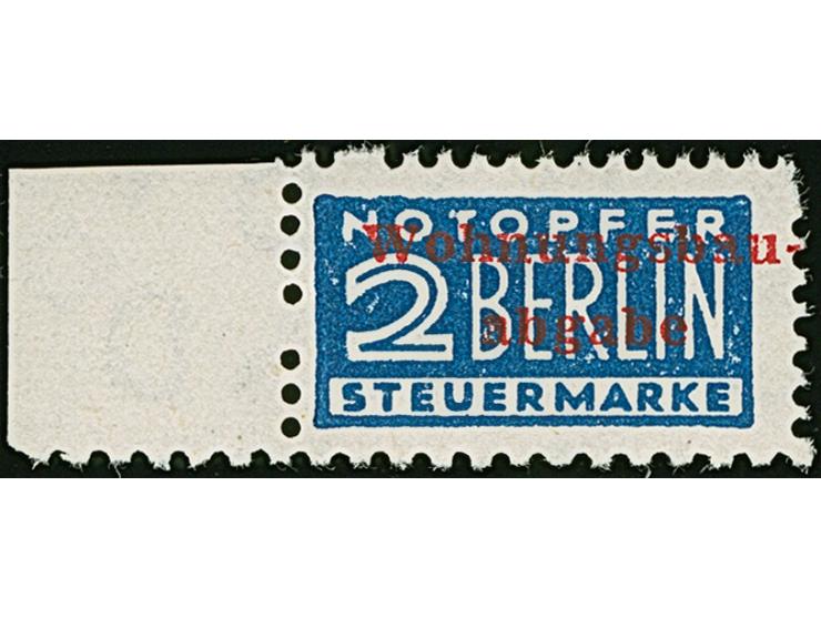 2 Pfg. (dunkel)blau gezähnt L 11¾ : K 14 : &nbsp;K14 : K 14 &nbsp;mit rotem Aufdruck und Wasserzeichen 1W &nbsp;Randstück (Fe