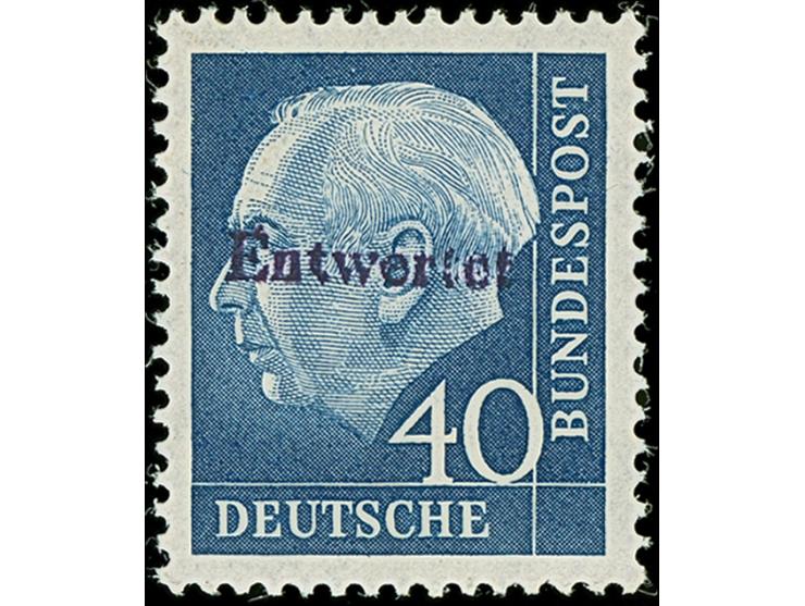 1960, Heuss II 40 Pfg. schwärzlichblau auf gelb fluoreszierendem Papier mit violettschwarzem Handstempel “Entwertet”, postfri