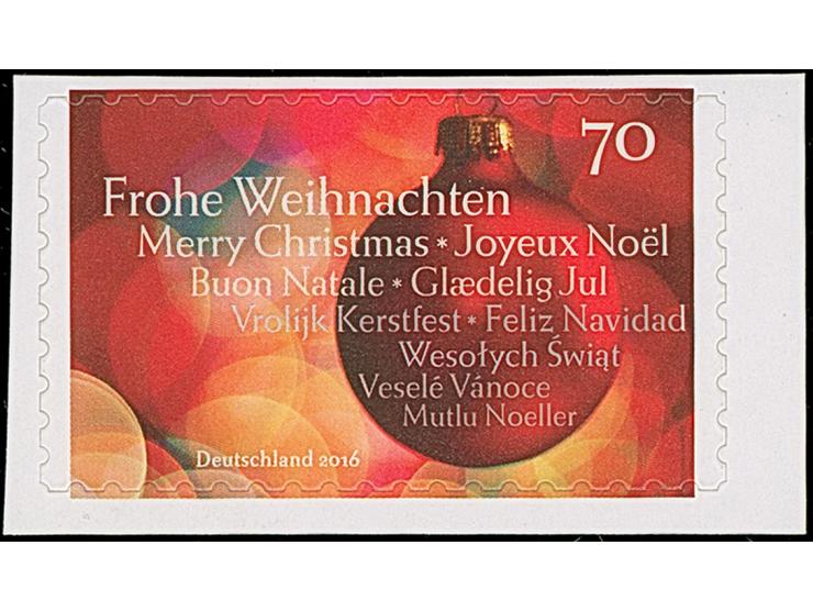 2016, unverausgabte Weihnachtskugel 70 C. mit fehlerhafter Inschrift “Kerstfest und Jul”, selbstklebend, postfrisch auf Träge