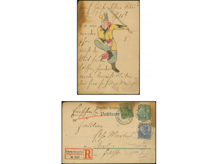 1900, Germania Reichspost 5 und 20 Pfg. je mit mit EKr. “PEKING 18.2.01” auf Ganzsachenkarte Reichspost 5 Pfg. als R-Karte mi