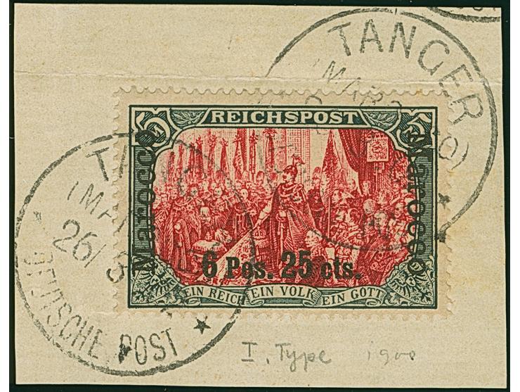 1900/03, 6 Pes. 25 cts auf Reichspost 5 M., Type I ohne Nachmalung mit Stempel “TANGER (MAROCCO) DP 26.3.02” auf Briefstück. 