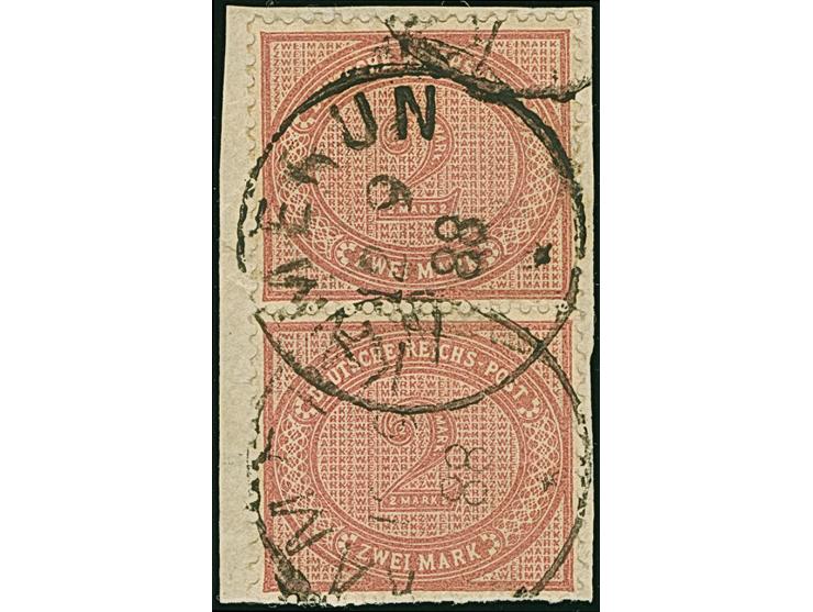 1888, 2 M. mittelrosalila im senkrechten Paar je mit Stempel “KAMERUN 12.9.88” auf Briefstück. Die farbfrischen Marken sind g