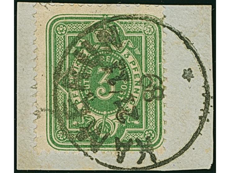 1888, 3 Pfg. gelblichgrün mit klarem Stempel “KAMERUN 21.11.89” auf Briefstück. Die farbfrische Marke hat oben wenige leicht 