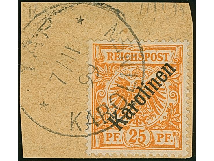 1899/1900. Diagonalaufdruck 25 Pfg. gelblichorange mit Stempel “YAP KAROLINEN 7.11.99” auf Briefstück. Die farbfrische Marke 