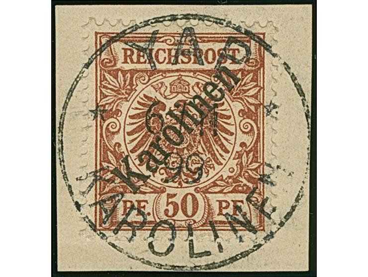 1899/1900. Diagonalaufdruck 50 Pfg. mit Stempel “YAP KAROLINEN 6.11.99” (Sorte II) auf Briefstück. Die farbfrische Marke ist 