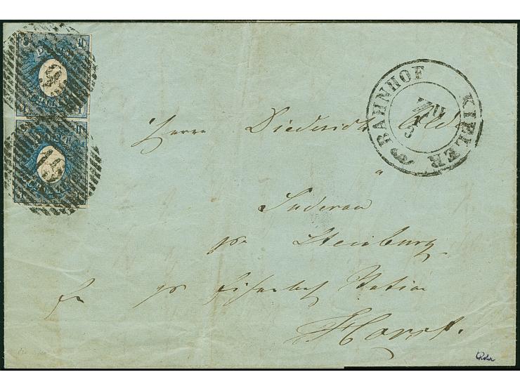 1850,1 Sch. dunkelblau im senkrechten Paar, schöne tiefe Farbe und breit-bis überrandig, unten mit kleinem Teil der Nachbarma