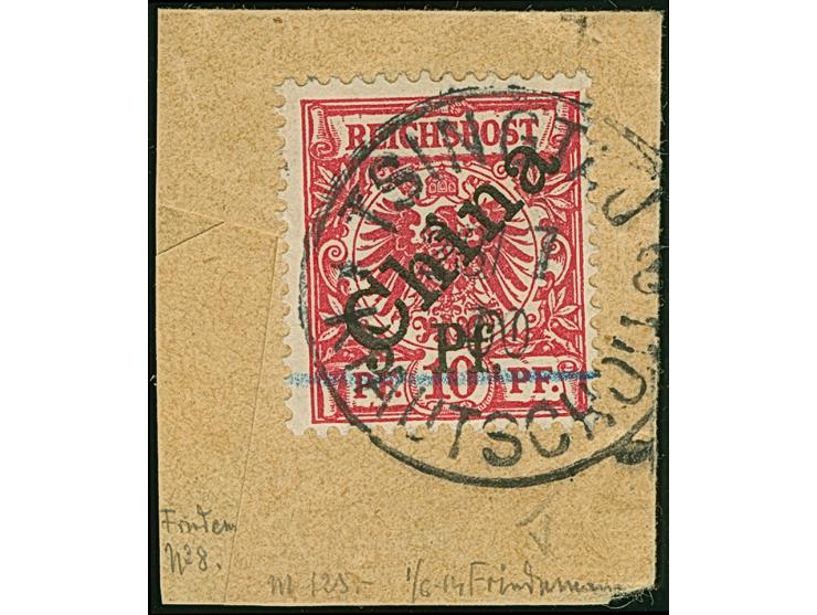 1900, 5 Pf auf 10 Pfg. mit diagonalem Aufdruck, Aufdrucktype 1, klar mit Stempel “TSINTAU KIAUTSCHOU *a 28.7.00” auf Briefstü