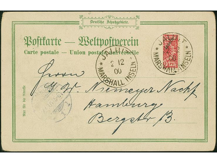1900, 10 Pfg. senkrecht halbiert, rechte Hälfte mit Stempel “JALUIT MARSHALL-INSELN 2.2.00” auf Ansichtskarte mit Grußtext na