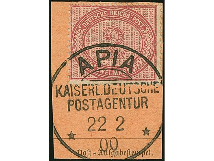1899, 2 M. rötlichkarmin mit klarem Stempel “APIA KDPAg 22.2.00” auf Postanweisungs-Briefstück. Die farbfrische Marke ist gut
