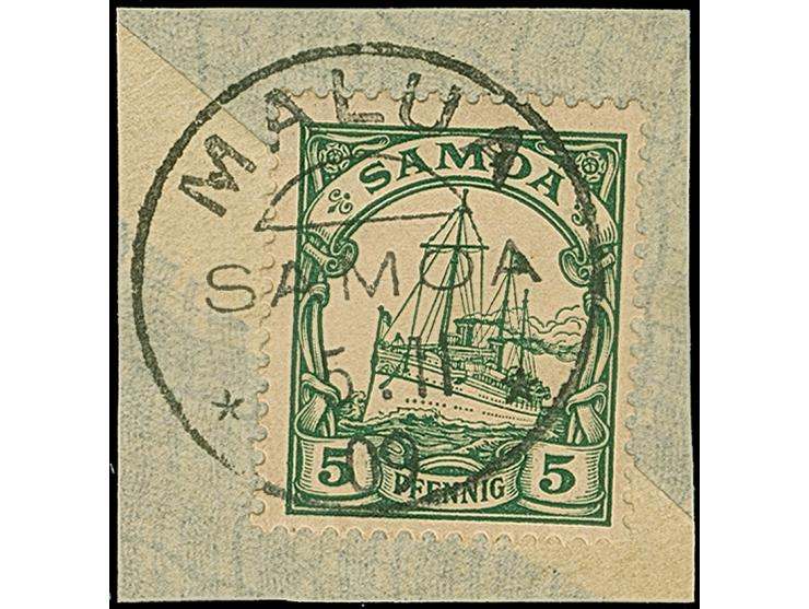 “MALUA SAMOA 5.11.09” zweimal klar auf Kaiseryacht 3 und 5 Pfg. auf zwei Briefstücken, in einwandfreier Erhaltung, jeweils mi