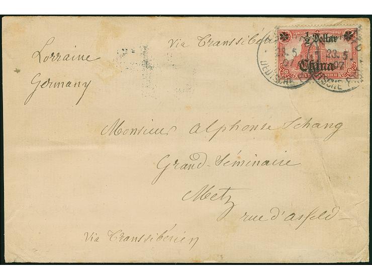 1905, ½ Dollar auf 1 M. ohne Wasserzeichen mit Aufdruckabart “linke Rosette auf einer Spitze stehend”, mit Stempel “TSCHIFU D