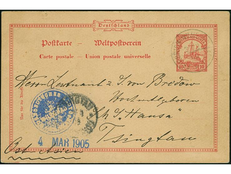 “NORDDEUTSCHER LLOYD BREMEN D. WILLEHAD”, violetter Dienstsiegel mit Datums-L1 “4 MAR 1905” als Übernahmestempel auf DNG Ganz