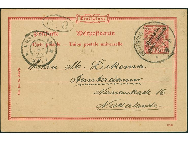 “DSP NEU-GUINEA ZWEIGLINIE *b 2.1.99” (Dampfer Stettin) recht klar auf Aufdruck-Ganzsachenkarte 10 Pfg. mit Text mit Datierun