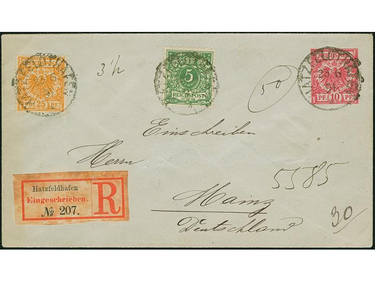 1890, Krone/Adler 25 Pfg. gelborange und 5 Pfg. gelblichgrün je mit Stempel “HATZFELDTHAFEN 23.6.91” als tarifgerechte Zufran