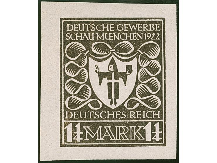 1922, Gewerbeschau München 1 ¼ Mark, sieben verschiedenfarbige ungezähnte Essays im Großformat auf Kunstdruckpapier ohne Gumm