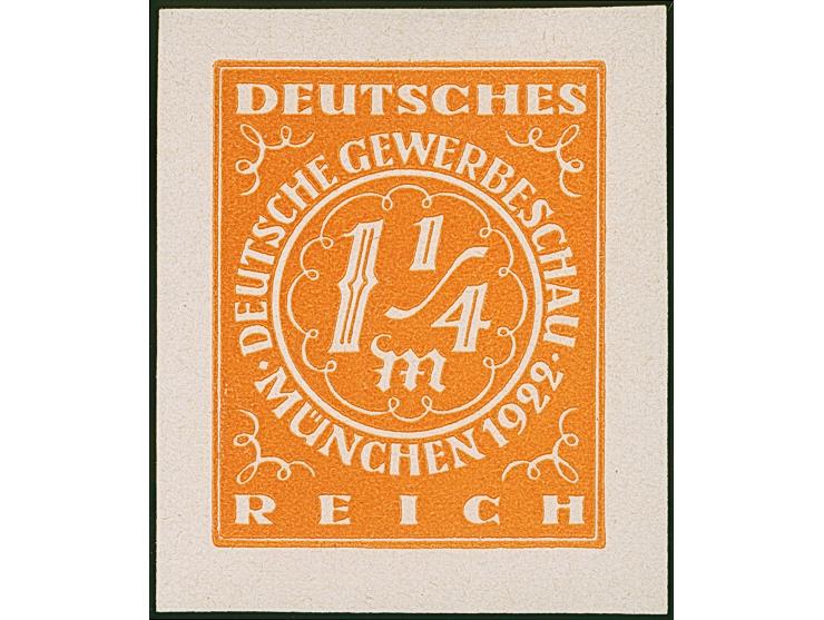 1922, Gewerbeschau München 1 ¼ Mark, sieben verschiedenfarbige ungezähnte Essays im Großformat auf Kunstdruckpapier ohne Gumm