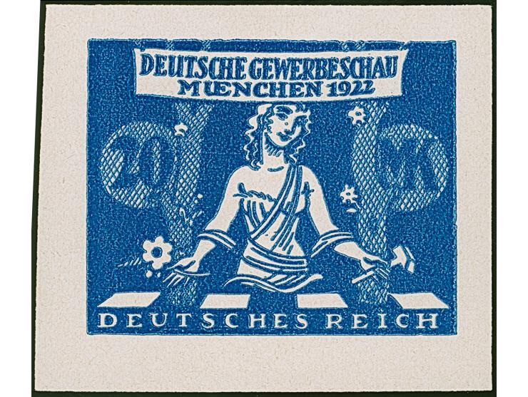 1922, Gewerbeschau München 20 Mark, sieben verschiedenfarbige ungezähnte Essays im Großformat auf Kunstdruckpapier ohne Gummi