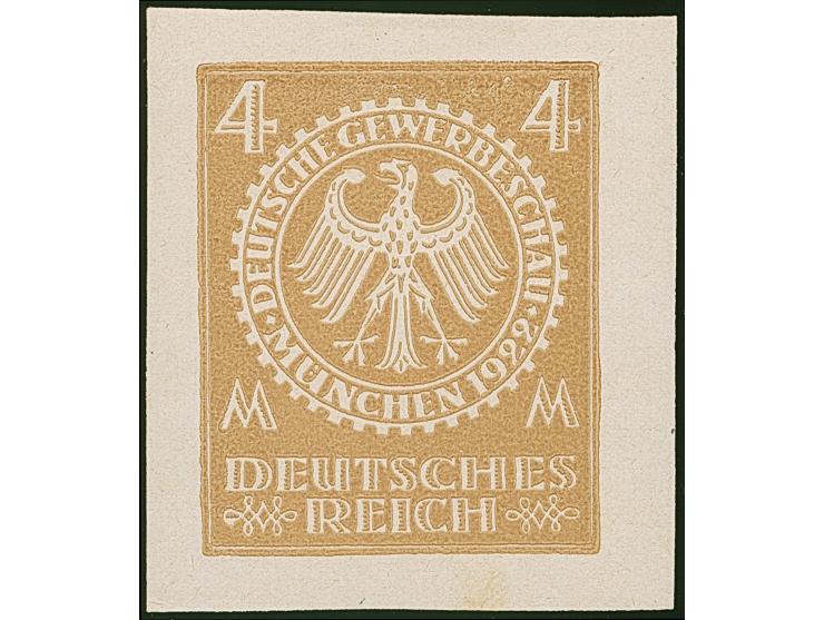 1922, Gewerbeschau München 4 Mark, sieben verschiedenfarbige ungezähnte Essays im Großformat auf Kunstdruckpapier ohne Gummie