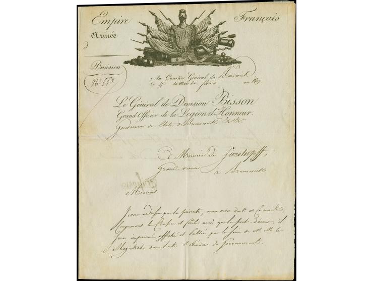 1807, kompletter Faltbrief mit dekorativem Briefkopf des Generalsquartiers und eigenhändiger Unterschrift des &nbsp;Militärgo