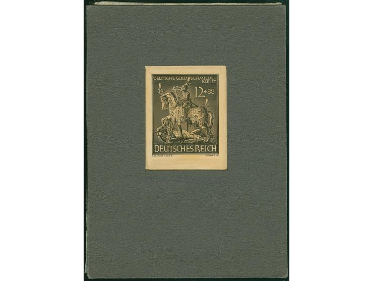 1943, Goldschmiedekunst 12 Pfg. &nbsp;als ungezähnter Probedruck in Schwarz auf Barytpapier auf Vorlage-Passepartout im Forma