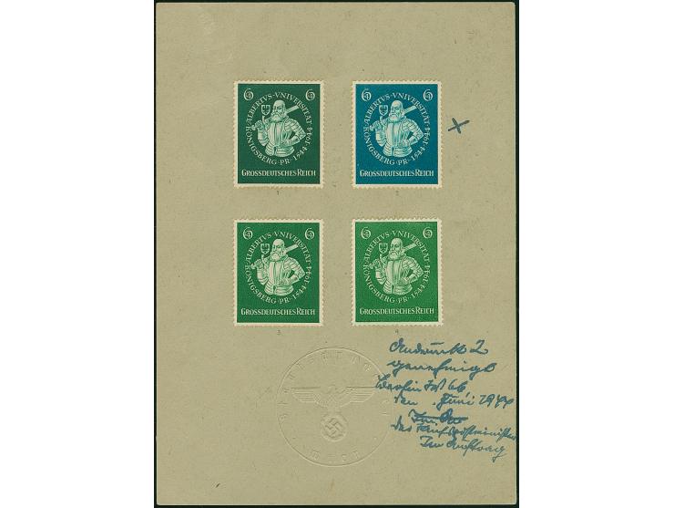 1944, 400 Jahre Albertus-Universität Königsberg 6 Pfg. als gezähnter Probedruck, vier Werte in verschiedenen Grüntönen auf Vo