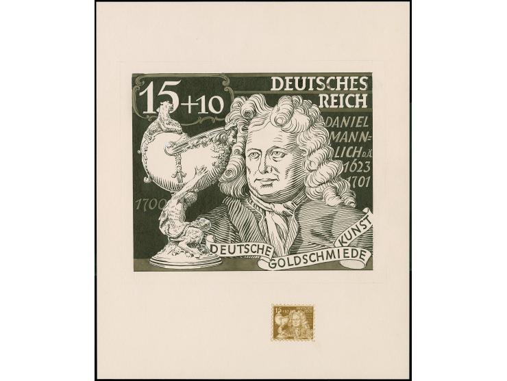 1944, Goldschmiedekunst 15 Pfg. als grob gezähntes Foto-Essay in Braun auf Vorlageblatt mit Original-Entwurf von Professor Kl