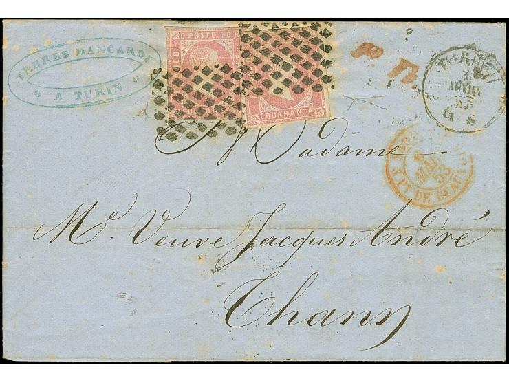 1851, King Emmanuel II 40 c. lilac rose, two fresh examples of this rare shade, margins shaved or touched to large, each tied