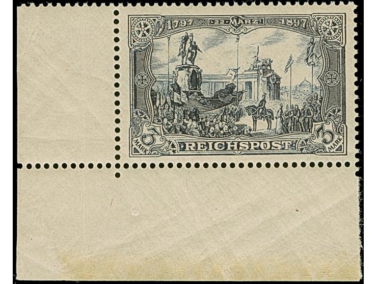 1900, Reichspost 3 M., Type I, aus der linken unteren Bogenecke, postfrisch und in tadelloser Erhaltung. im Bogenrand mit Büg