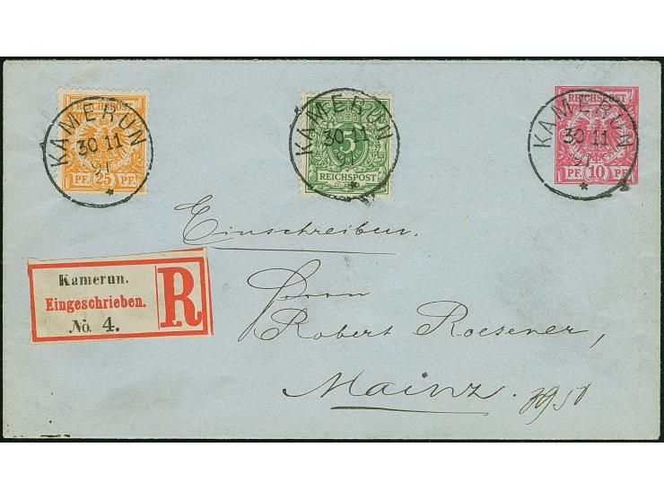 1890, Krone/Adler 25 Pfg. gelborange und 5 Pfg. gelblichgrün je mit Stempel “KAMERUN 30.11.91” als tarifgerechte Zufrankatur 