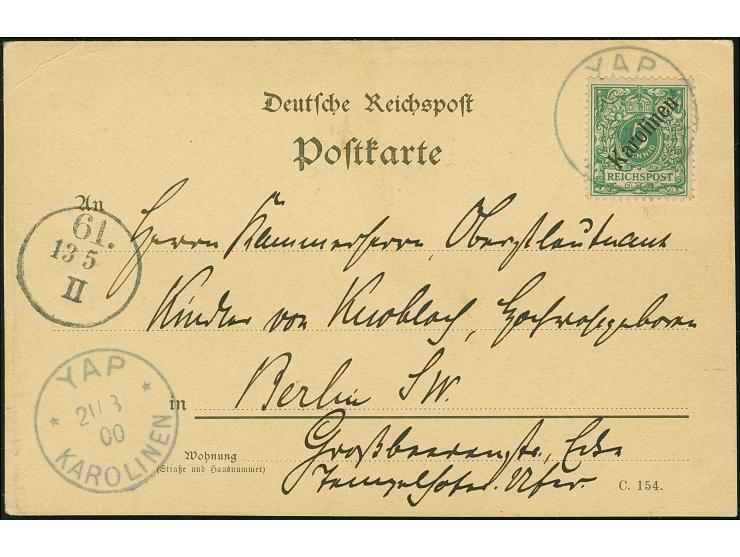 1899/1900, Diagonalaufdruck 5 Pfg. mit Stempel “YAP KAROLINEN 21.3.00” auf Postkarte mit rückseitig aufgeklebtem Foto mit Dat