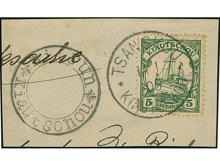 “Litsun Kiautschou **” DKr. klar auf Briefstück mit Kaiseryacht 5 Pfg. mit Stempel “TSNANGKOU KIAUTSCHOU 1.1.05”, in einwandf
