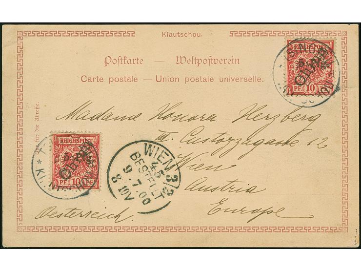 1900, 5 Pfg. auf 10 Pfg. Steilaufdruck, zwei Einzelmarken mit Stempel “TSINGTAU KIAUTSCHOU *a 30.5.00” als tarifgerechte Mehr