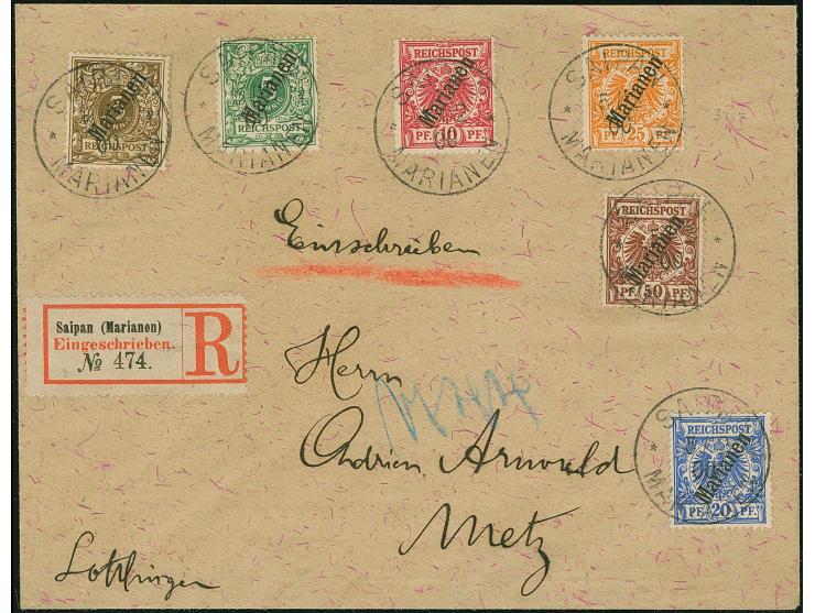 1900, Steilaufdruck 3-50 Pfg. komplett je mit Stempel “SAIPAN MARIANEN 5.2.00” auf überfrankiertem R-Brief nach Metz mit Anku