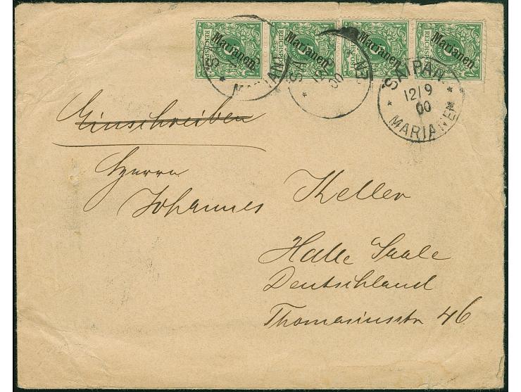 1900, Steilaufdruck 5 Pfg., zwei senkrechte Paar mit Stempel “SAIPAN MARIANEN 12.9.00” als tarifgerechte Mehrfachfrankatur au