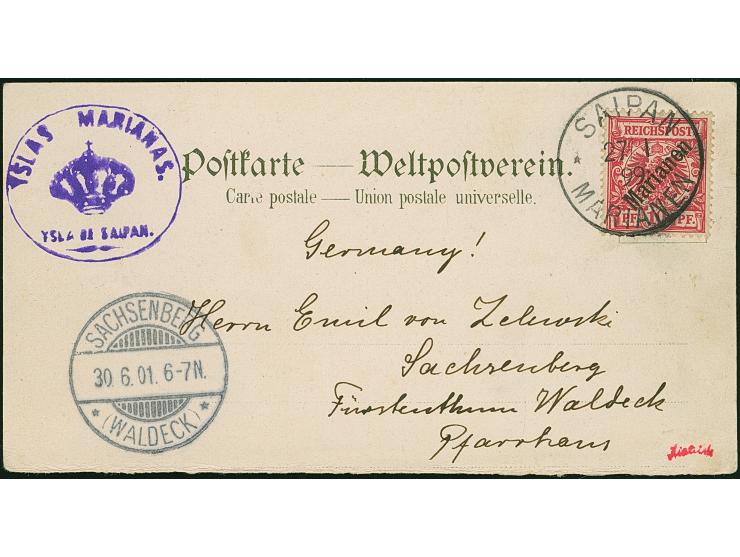 1899/1900, Diagonalaufdruck 10 Pfg. mit Stempel “SAIPAN MARIANEN 27.1.99” (= 27.1.1900) auf oberem Teil einer Speisekarte mit