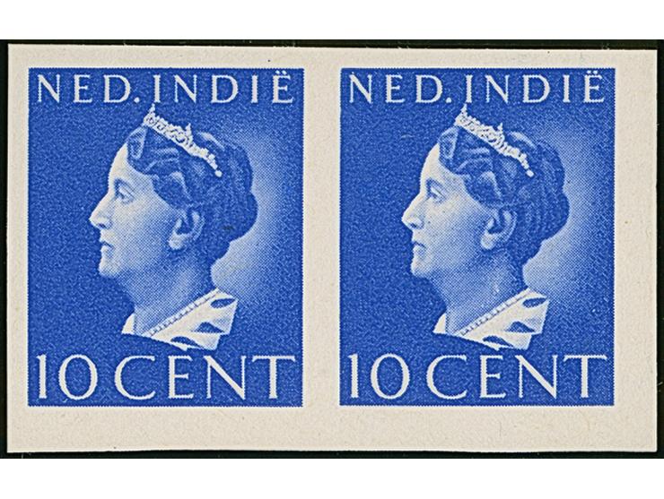1941, Wilhelmina 10 c. – 10 g. as imperforated proofs, all in horizontal pairs, including 10 c. in 4 different colours