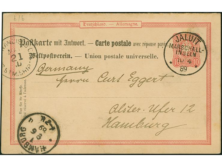 1889, Ganzsachen-Doppelkarte 10 Pfg. mit Stempel “JALUIT MARSCHALL-INSELN 10.4.89” mit Grußtext via “SAN FRANCISCO MAY 21.” n