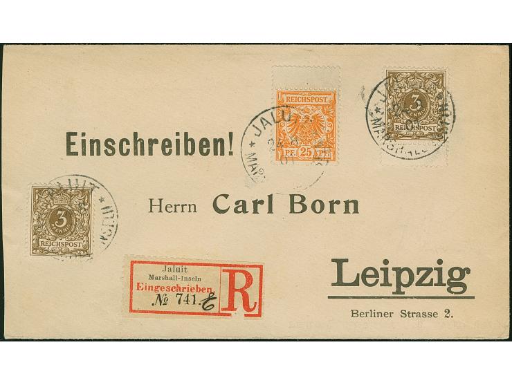 1897, Krone/Adler 25 Pfg. gelblichorange und zwei Einzelwerte 3 Pfg. dunkelockerbraun je mit Stempel “JALUIT MARSHALL-INSELN 