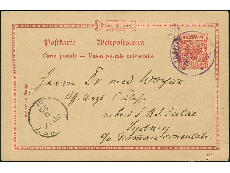 “JALUIT MARSCHALL-INSELN 7.10.95” in Rotviolett recht klar auf Ganzsachenkarte Krone/Adler 10 Pfg. mit viel Text und Datierun