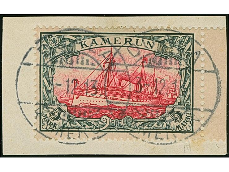 1900, Kaiseryacht 5 M. rechts mit Teilrand und Stempel “DUALA KAMERUN 3.12.13” auf Briefstück, in einwandfreier Erhaltung, si