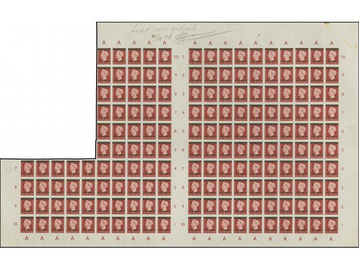 1948/49, Wilhelmina overprinted 50 c., imperforated proof in part double sheet of 170 stamps with 10 gutter pairs and errors 