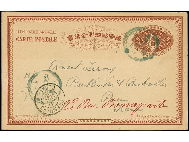 1901, UPU postal stationery card 4 ch. used from “Syen Chyun” with transit cds. “CHEMULPO 31 JUIL 03” to Paris, fine (Higgins