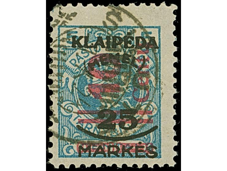 10 C. auf 25 M. auf 5 C. grünlichblau, Type II, sauber gestempelt mit vermutlich herstellungsbedingten, verkürzten Zähnen obe