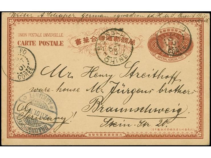 1901, UPU postal stationery card 4 ch. used with cds “CHEMULPO 28 SEPT 01” repeated alongside via Shanghai to Braunschweig wi