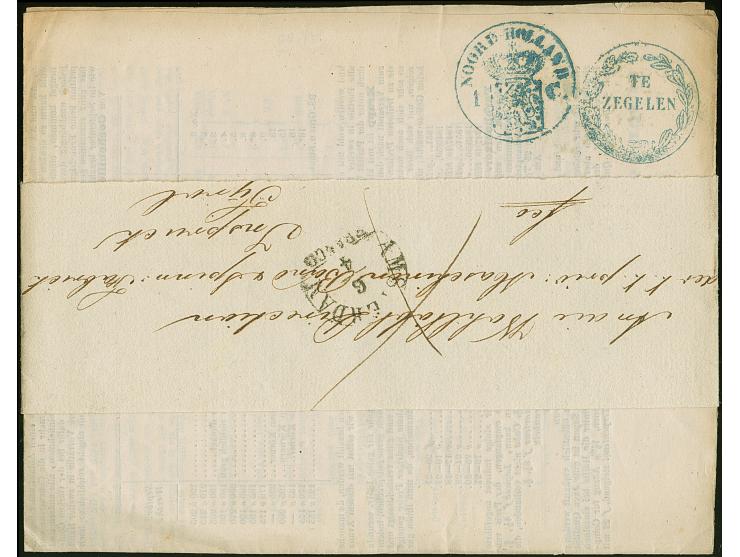 1852, blue fiscal handstamps “TE ZEGELEN” and “NOORD HOLLAND 1 C.” on a complete printed matter and its wrapper, dated inside