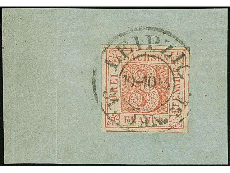 1850, 3 Pfg. lebhaftrot, Platte III, Position 12, farbfrisch und allseits sehr breitrandig mit sichtbaren Trennlinien an alle